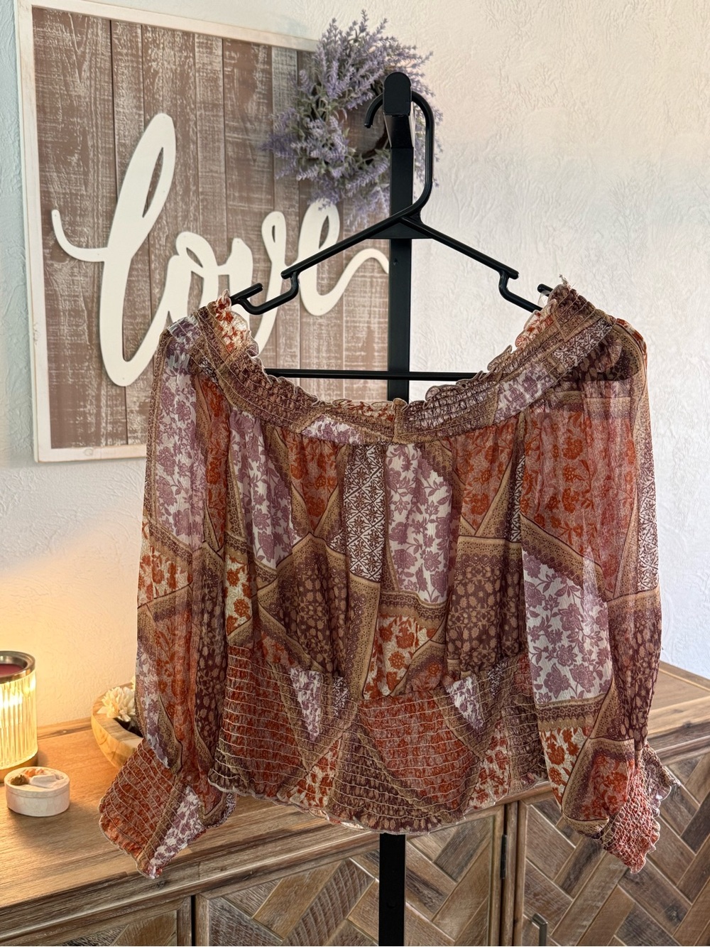 American Eagle Outfitters Smocked Off-Shoulder Top in Pink & Rust